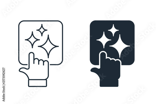 Vector icons set  a hand cursor clicking on a square button with AI magic sparks.  Interactive AI tools, one-click automated generation, smart activation, user trigger action. Web mobile applications