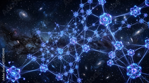 Blue glowing abstract connection network in deep space