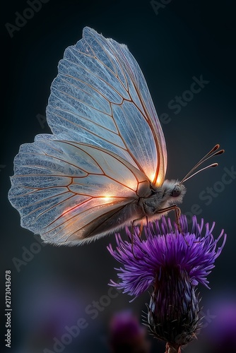 Delicate wings aglow in the twilight, a butterfly rests on a vibrant purple flower
