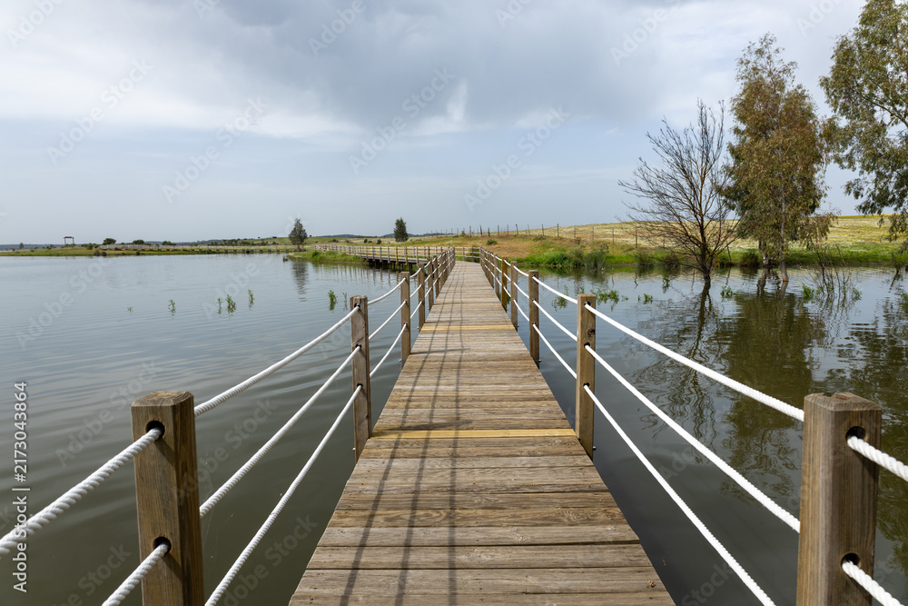 Fototapeta premium Wooden pier extending over alqueva lake in alentejo portugal