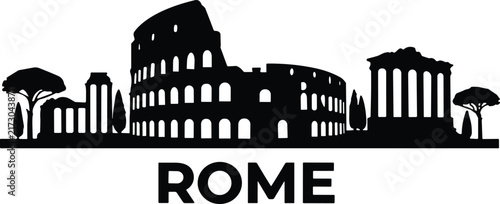 Rome Italy City Skyline Silhouette with Famous Architectural Landmarks Isolated on White Background