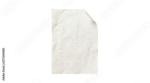 Wrinkled white blank paper sheet with a curled top corner showcasing texture and light shadows isolated on transparent background