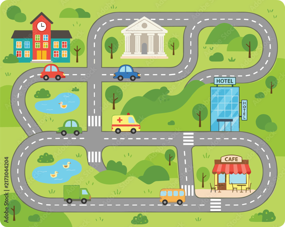 Naklejka premium Cute Square Kids Play Mat Map with Winding City Roads Cars Ambulance School Cafe and Ponds Vector Landscape Illustration for Children Room Rug Design