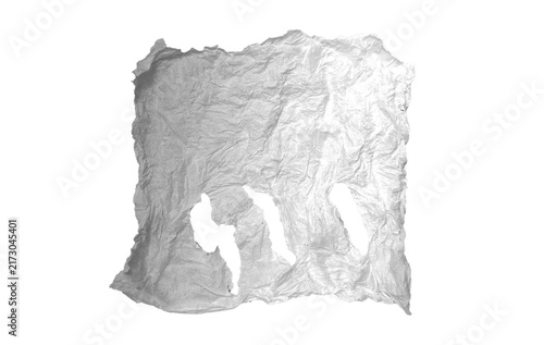 This realistic distressed tissue paper texture features a heavily crumpled white surface with intricate wrinkles, natural folds, rough uneven edges, and multiple irregular torn openings