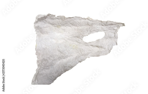This realistic white crumpled tissue paper texture features intricate wrinkles, natural folds, rough creases, irregular edges, and a distinctive torn opening. 