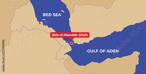 Map of Bab el-Mandeb strait between Red Sea and Gulf of Aden