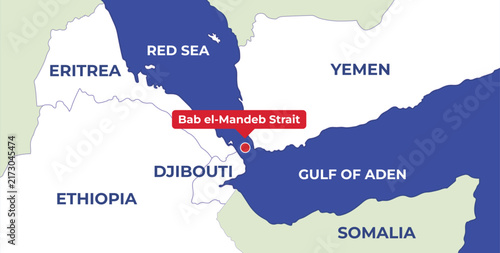 Bab el-Mandeb strait map with surrounding countries and sea labels