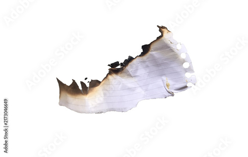 burned notebook paper fragment with realistic fire damage, blackened edges, torn sections, and visible binder holes. The authentic scorched appearance and lined paper texture 