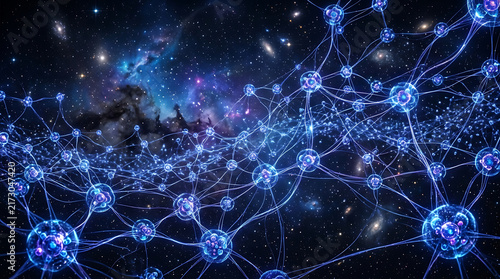Blue glowing digital network nodes in deep space