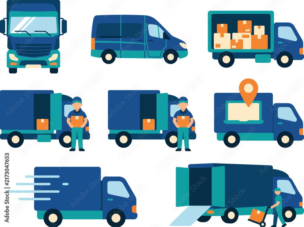Fototapeta premium An assortment of delivery vehicle icons and illustrations showcasing various transport methods and logistics, emphasizing efficiency and reliability in the delivery industry.