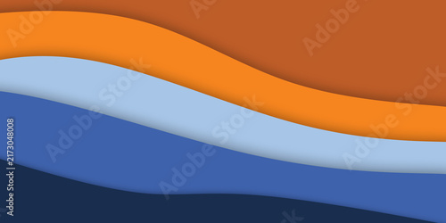 A modern abstract background featuring layered wavy shapes with a paper cut effect in blue and orange colors.