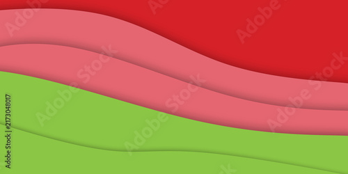 A modern paper cut style background featuring smooth layered wavy shapes in vibrant red, pink, and green.
