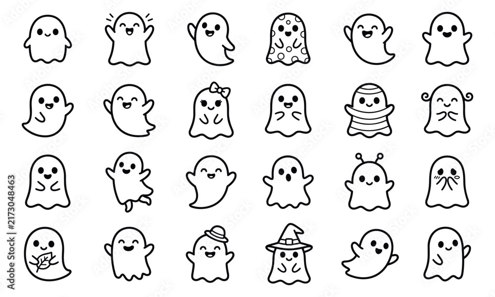 Obraz premium Set of cute hand drawn ghosts with various expressions and accessories for halloween design projects