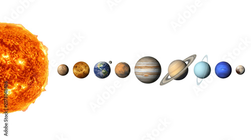 Cuadro en lienzo Glowing sun and all eight planets of the solar system aligned in a horizontal ro