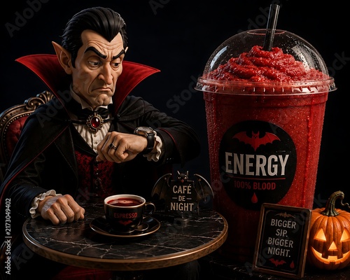 Funny Halloween Vampire Dracula Looking at Watch at Cafe with Giant Red Blood Energy Smoothie Cup