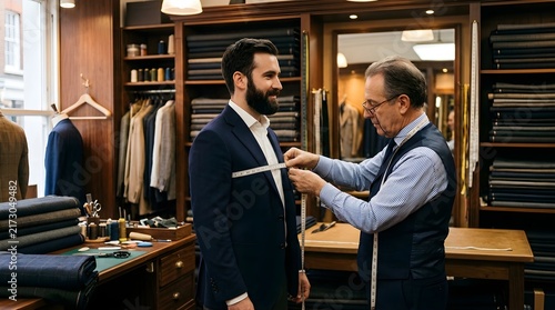 Professional tailor taking measurements of a man for a bespoke suit in a shop