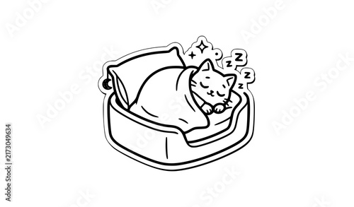 SEO Title:
Deep Sleepy Cat in Bed Cute Bedtime Cartoon Sticker Vector Illustration