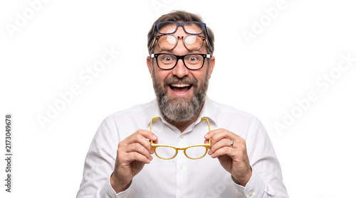 Bearded Man Wearing Multiple Glasses Looking Surprised Isolated on White