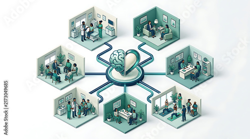 Isometric brain network connecting to specialized mental health therapy clinics