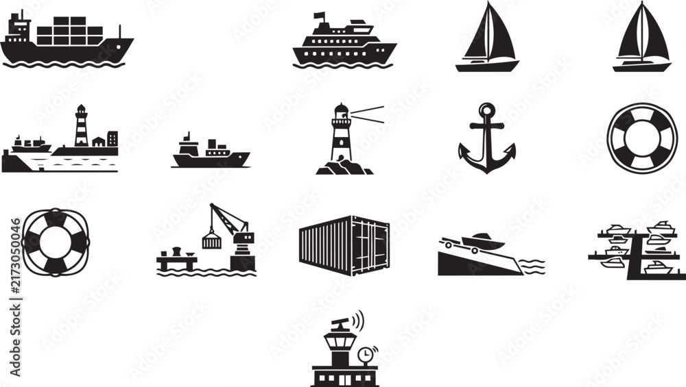 Naklejka premium Maritime icons collection displaying cargo ships, cruise liners, sailboats, lighthouses, anchors, and lifebuoys in solid black silhouette style.