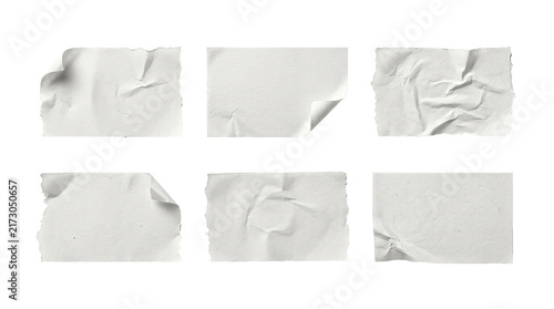 White wrinkled paper stickers with ripped edges and curled corners presented as a collection of various textures on transparent background