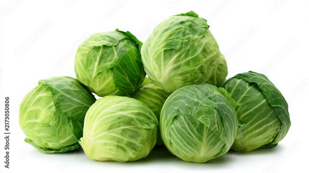 Obraz premium Vibrant green cabbages on white background. Artificial intelligence image