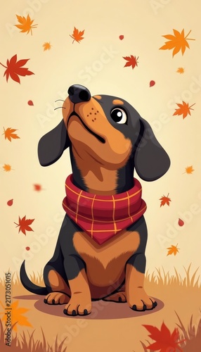 Cute dachshund dog illustration with red plaid scarf and falling autumn leaves for seasonal background poster and children's decor