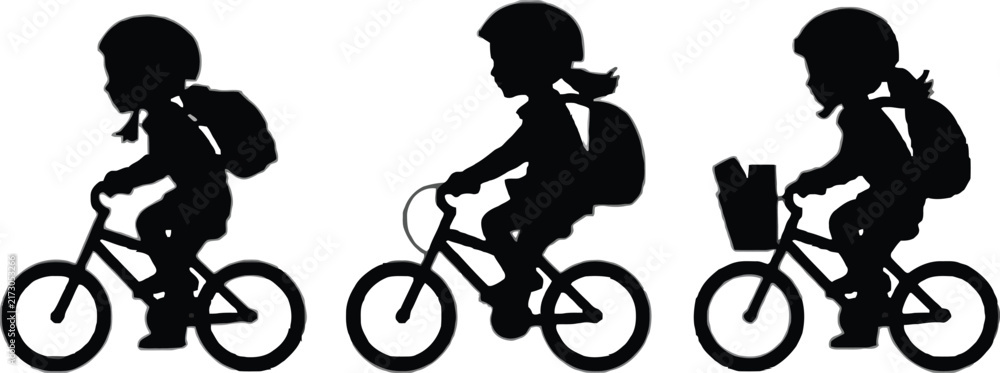 Obraz premium Three black silhouettes of school children riding bicycles, wearing helmets and backpacks, isolated on a white background