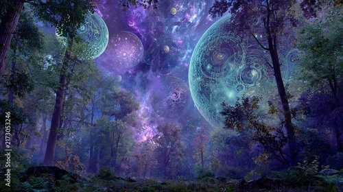 Forest scene with trees framing a cosmic vista of glowing planets and nebula. Vivid colors create a surreal, dreamlike atmosphere
