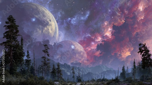 Distant planets glow in a vibrant nebula-filled sky above a misty mountain landscape and silhouetted trees