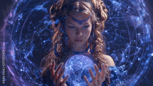 A woman gazes intently, holding a glowing sphere of interconnected energy, surrounded by a larger ethereal network