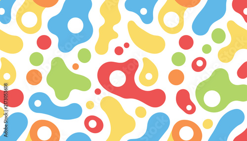 Playful seamless pattern filled with organic fluid shapes and colorful spots over a clean white background.