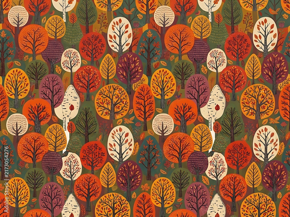 Autumn trees seamless pattern with colorful foliage and whimsical shapes for textile design