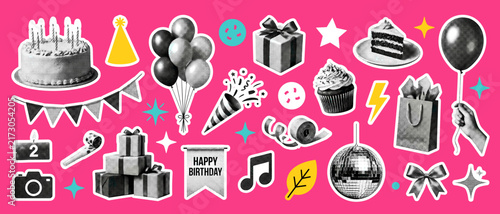 Birthday Party Halftone Sticker Set Vector Cake Balloon Pink Pack