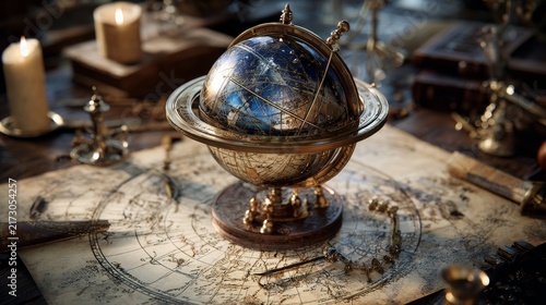 A vintage brass celestial globe sits atop a detailed map, surrounded by candles & antique instruments on a wooden table