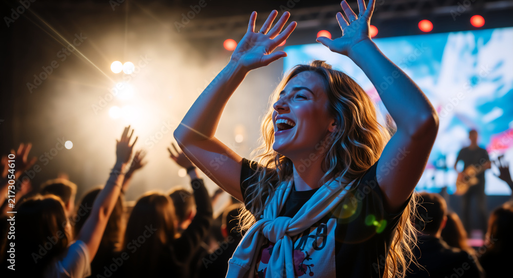 Fototapeta premium Happy blonde woman cheering with raised hands at an outdoor music festival. Excited female fan laughing in a crowd at a live concert