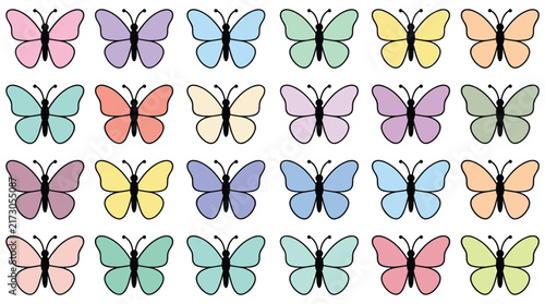 Pastel Butterflies Pattern Solid Colors Vector Illustration
