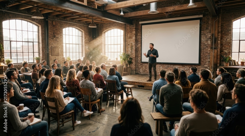 Obraz premium Speaker giving presentation to audience in industrial loft office