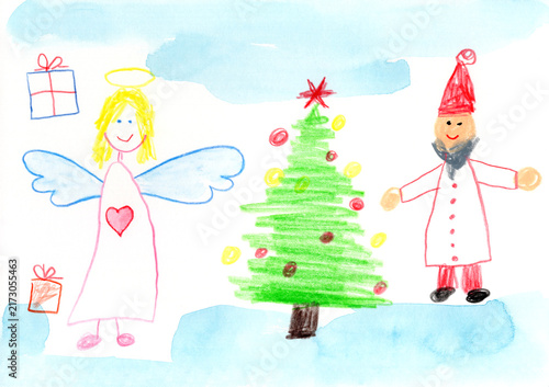 A colorful children's drawing shows an angel and a Christmas tree