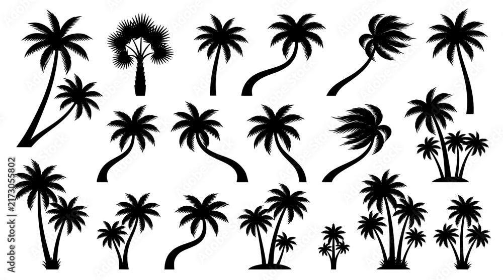 Naklejka premium Collection of various black palm tree silhouettes isolated on a white background