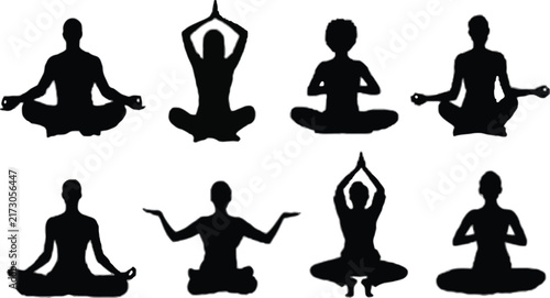 Collection of eight silhouette figures performing various yoga poses and meditation exercises on a plain white background