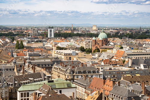 Aerial view of Strasbourg with Saint Pierre le Jeune church in France
