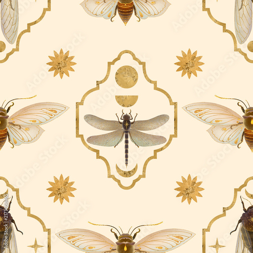 Fotografie Esoteric seamless pattern with golden dragonflies, flying moths, moon symbols, and ornate celestial lattice frames on a cream background