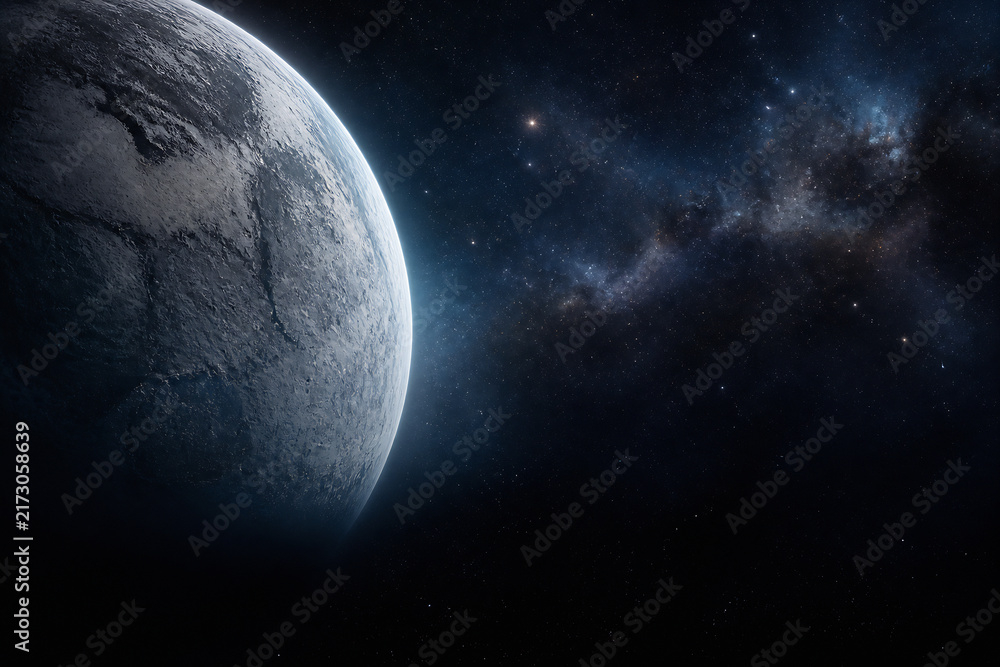 Fototapeta premium A large, illuminated planet hangs in the dark expanse of space next to a vibrant galaxy.