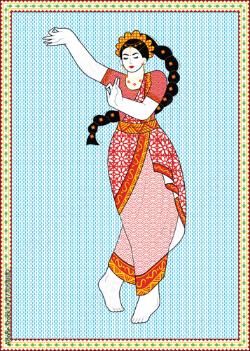Traditional madhubani art painting. Indian Madhubani art women in vibrant traditional attire. Dancing woman folk art vector design. 