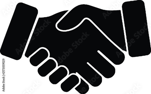 Bold black silhouette of a handshake isolated on a white background, representing business agreement, and partnership