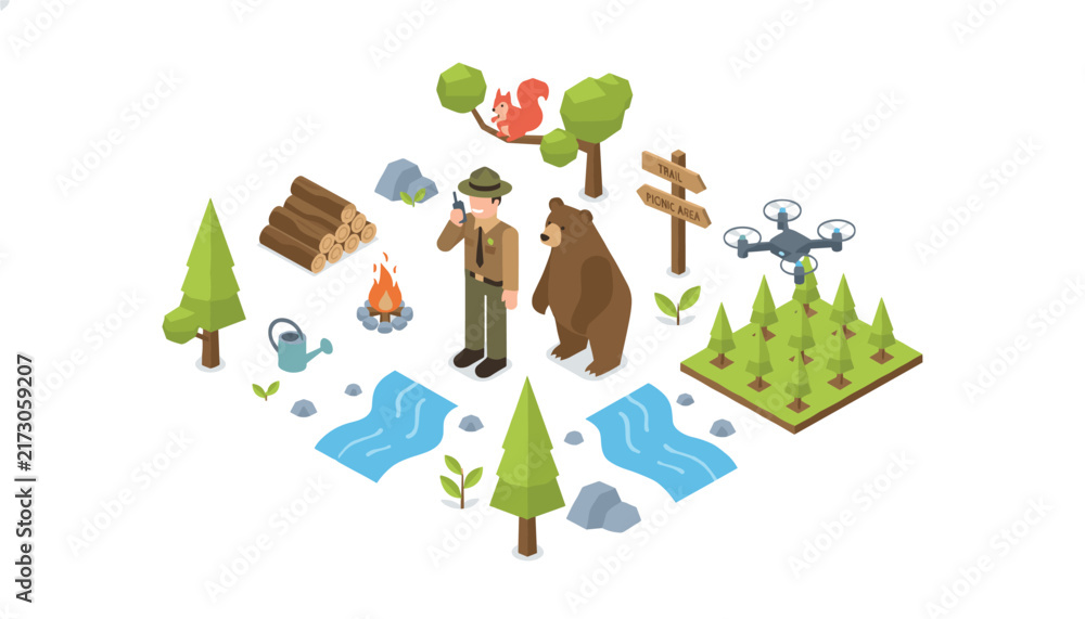 Fototapeta premium Isometric forest assets set featuring a park ranger, a bear, a campfire, trees, a stream, and a surveillance drone.