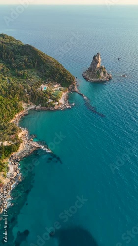 Drone flying over Paralia Fieroulas bay in Corfu Greece