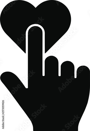 Black silhouette of a human hand pointing upward to touch a heart shape symbol isolated on a plain white background