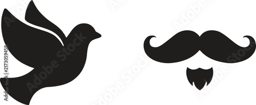 Black silhouette of a flying bird and a stylized mustache with a small beard isolated on a white background for